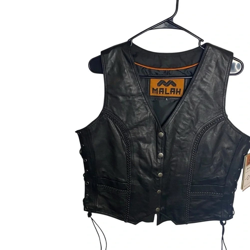 Malah Womens Black Leather Motorcycle Gun Vest‎ Braided Front/Back Side Laces Lg